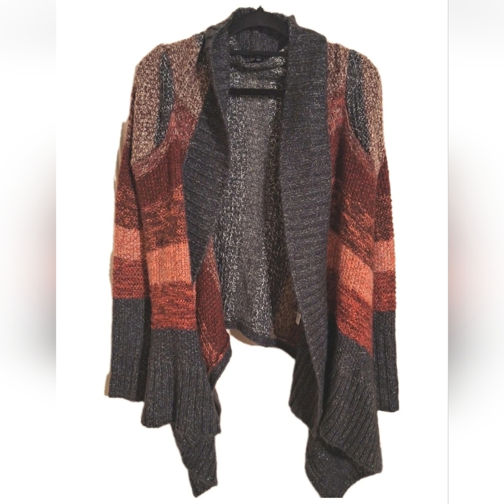 A New Approach Open Face Cardigan Sweater Red Brown Gray Metallic Womens Size L